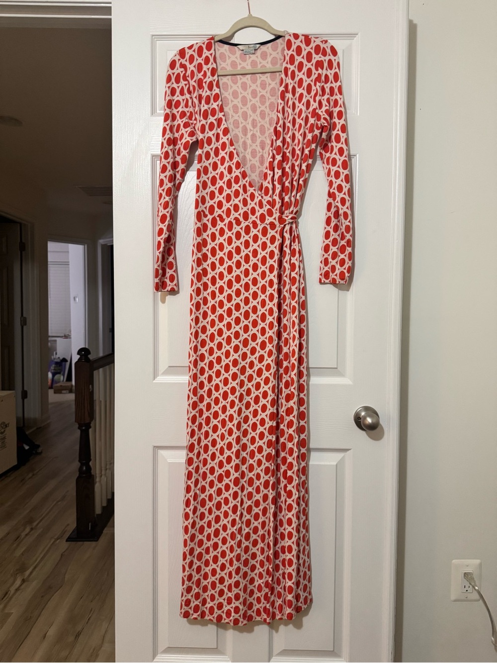 Boden Red-Orange and White Geometric Wrap Maxi Dress